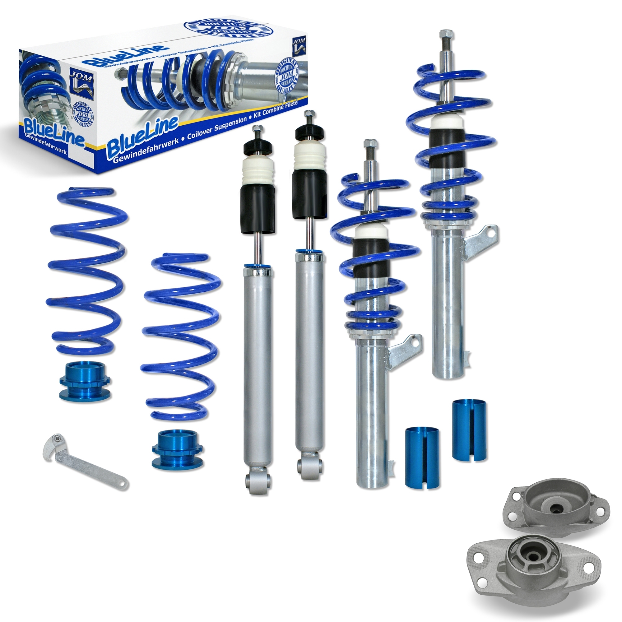 BlueLine Gewindefahrwerk mit Domlagersatz passend für Audi A3 (8P), für Fahrzeuge mit 50 und 55 mm Federbein, außer Modelle mit Allradantrieb